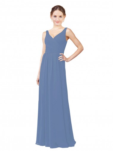 V-Neck Long Soft Chiffon Windsor Blue Sleeveless Bridal Party Dress Darwin