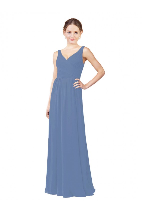 V-Neck Long Soft Chiffon Windsor Blue Sleeveless Bridal Party Dress Darwin