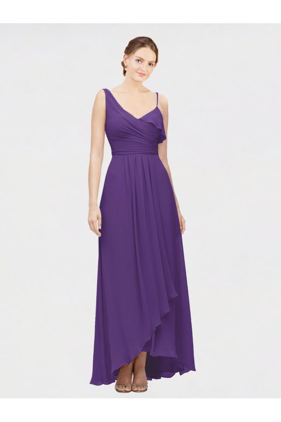 V-Neck Long Soft Chiffon Plum Purple Sleeveless High Low Bridesmaid Dress Darwin