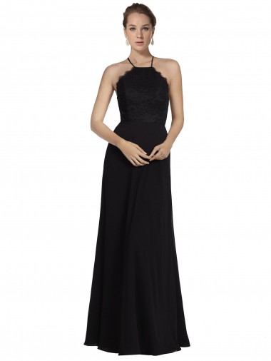Halter Neck Long Soft Chiffon & Lace Black Sleeveless Bridesmaid Gown Darwin