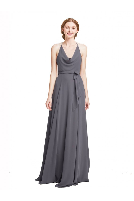 Halter Neck Long Soft Chiffon Slate Grey Sleeveless Bridesmaid Dress Darwin