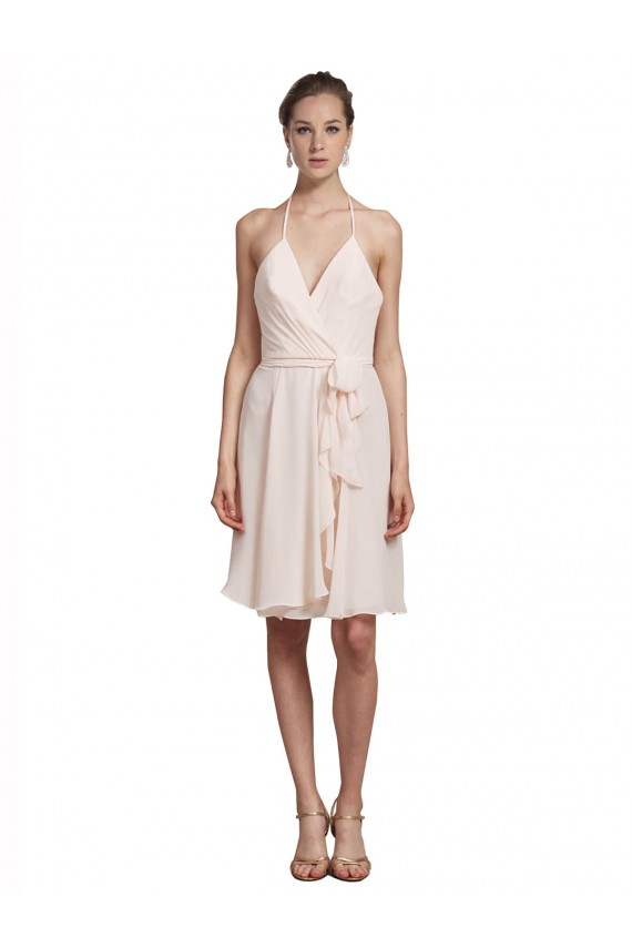 V-Neck Knee Length Soft Chiffon Cream Pink Sleeveless Bridesmaid Dress Darwin