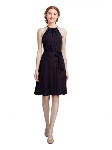 High Neck Knee Length Soft Chiffon Grape Sleeveless Bridesmaid Dress Darwin