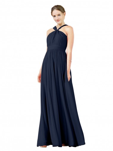 V-Neck Long Chiffon Dark Navy Sleeveless Bridesmaid Gowns Darwin
