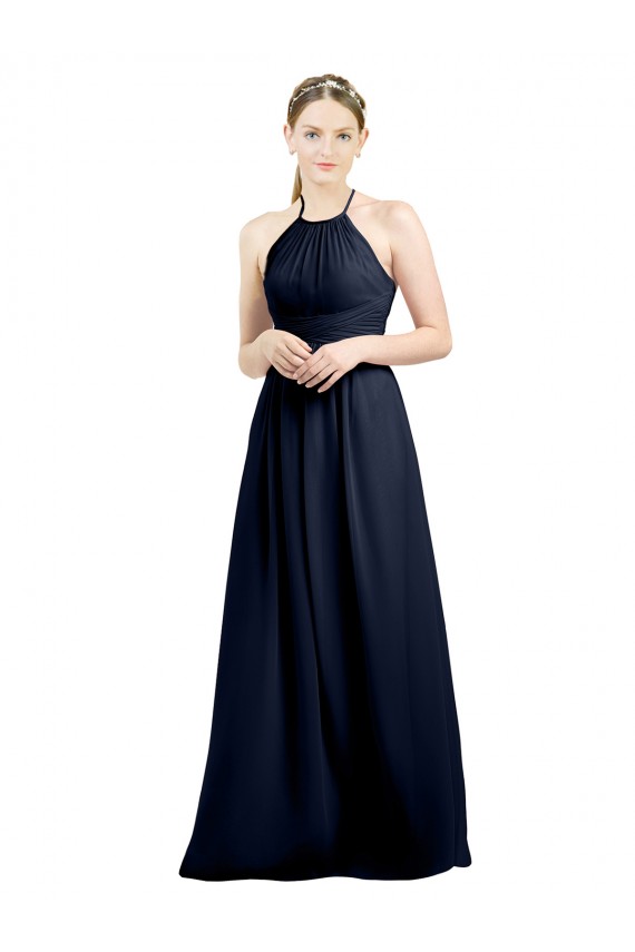 High Neck Long Soft Chiffon Dark Navy Sleeveless Evening Gowns / Bridesmaid Dress Darwin