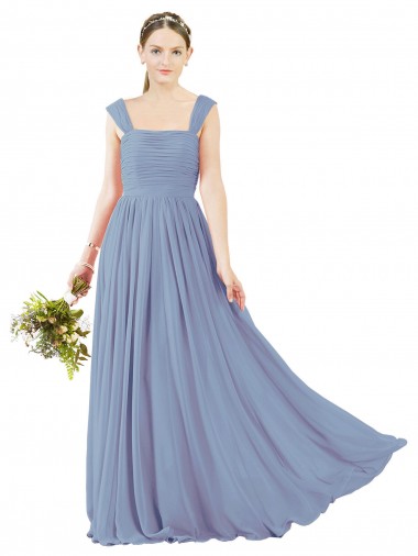 Square Neck Long Soft Chiffon Dusty Blue Sleeveless Bridesmaid Dress Darwin