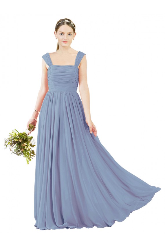 Square Neck Long Soft Chiffon Dusty Blue Sleeveless Bridesmaid Dress Darwin