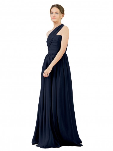 One Shoulder Long Chiffon Dark Navy Sleeveless Bridal Party Dress / Evening Dress Darwin
