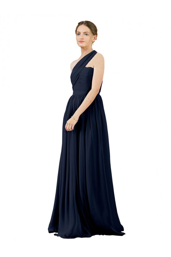 One Shoulder Long Chiffon Dark Navy Sleeveless Bridal Party Dress / Evening Dress Darwin