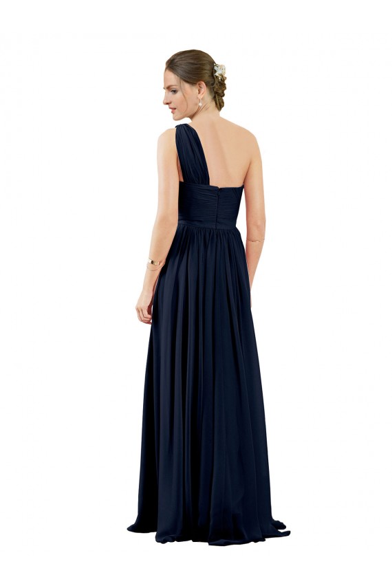 One Shoulder Long Chiffon Dark Navy Sleeveless Bridal Party Dress / Evening Dress Darwin