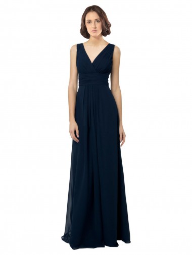 V-Neck Long Chiffon Dark Navy Sleeveless Bridal Party Dress Darwin
