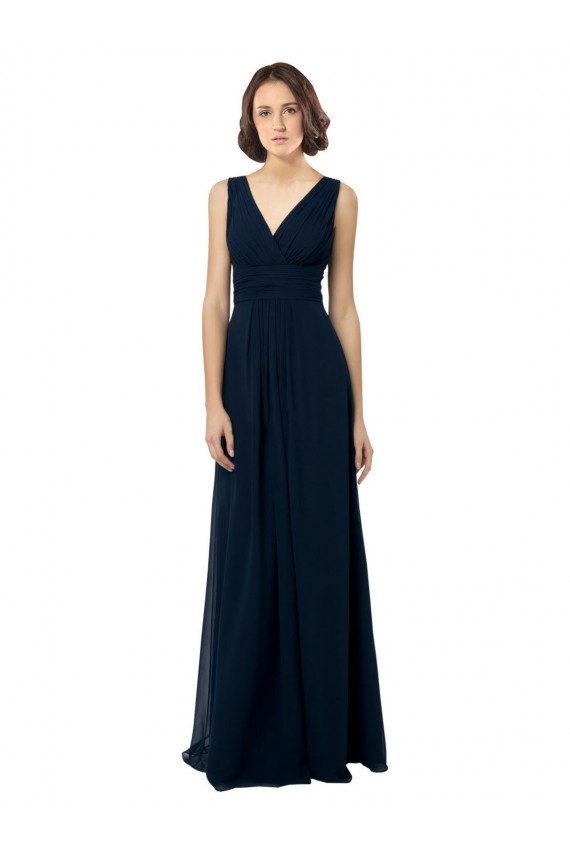 V-Neck Long Chiffon Dark Navy Sleeveless Bridal Party Dress Darwin