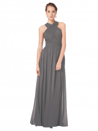 Halter Neck Long Soft Chiffon Stormy Silver Sleeveless Bridesmaid Dress Darwin