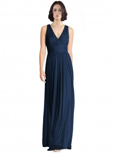 V-Neck Long Floor Length Chiffon Dark Navy Sleeveless Bridesmaid Dress Darwin