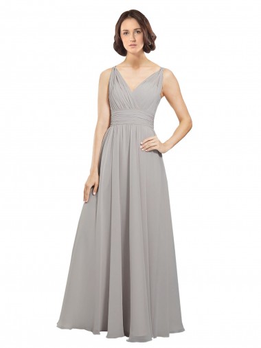 V-Neck Long Soft Chiffon Oyster Silver Sleeveless Bridesmaid Dress Darwin