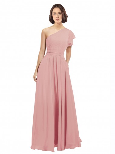 One Shoulder Long Chiffon Bliss Pink Sleeveless Bridesmaid Dress / Evening Dress Darwin