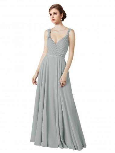 V-Neck Long Chiffon Silver Sleeveless Bridesmaid Dress / Evening Dress Darwin