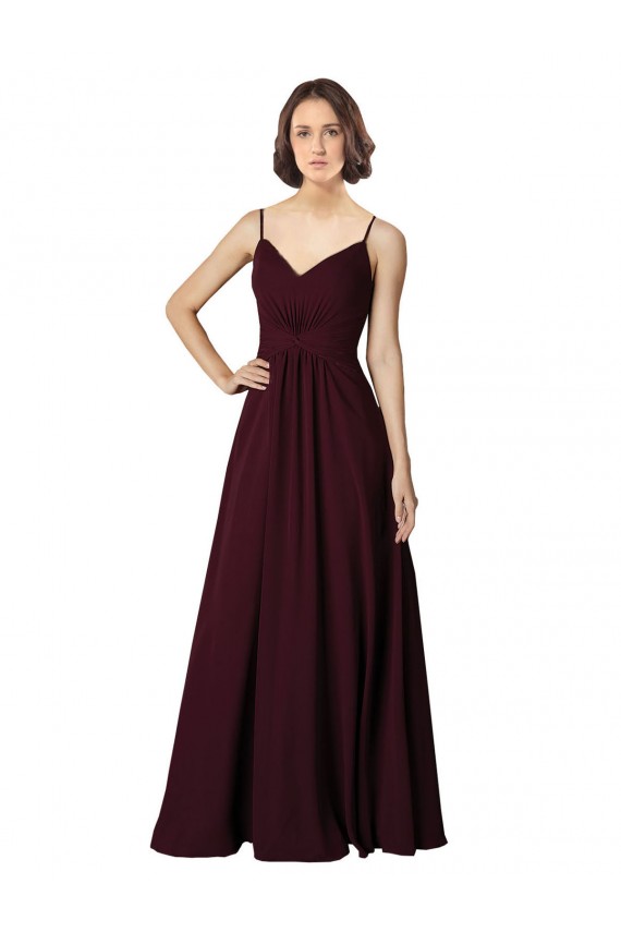 V-Neck Long Soft Chiffon Burgundy Gold Sleeveless Bridesmaid Gown Darwin