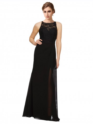 High Neck Long Soft Chiffon & Lace Black Sleeveless Bridesmaid Dress Darwin
