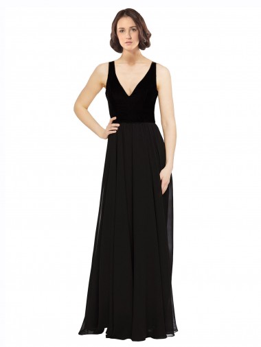 V-Neck Long Soft Chiffon & Velvet Black Sleeveless Prom Dress / Bridesmaid Dress Darwin