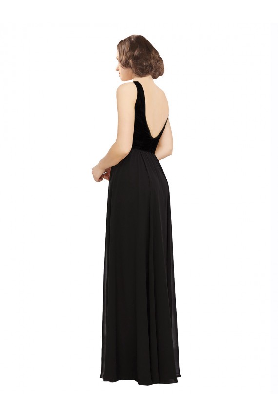 V-Neck Long Soft Chiffon & Velvet Black Sleeveless Prom Dress / Bridesmaid Dress Darwin