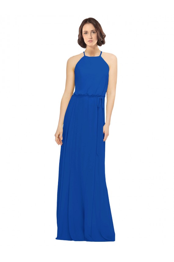 Jewel Neck Long Soft Chiffon Royal Blue Sleeveless Bridal Party Dress Darwin