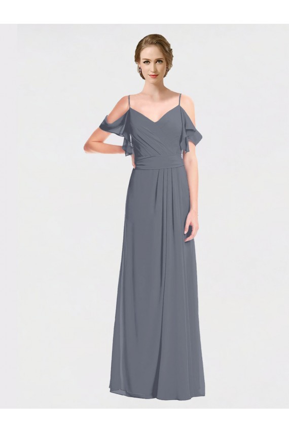 V-Neck Long Soft Chiffon Slate Grey Flutter Sleeves Bridesmaid Dress Darwin