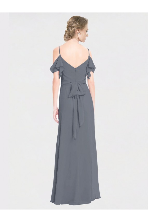 V-Neck Long Soft Chiffon Slate Grey Flutter Sleeves Bridesmaid Dress Darwin