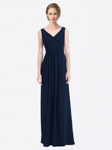 V-Neck Long Soft Chiffon Dark Navy Sleeveless Evening Gowns / Bridesmaid Dress Darwin