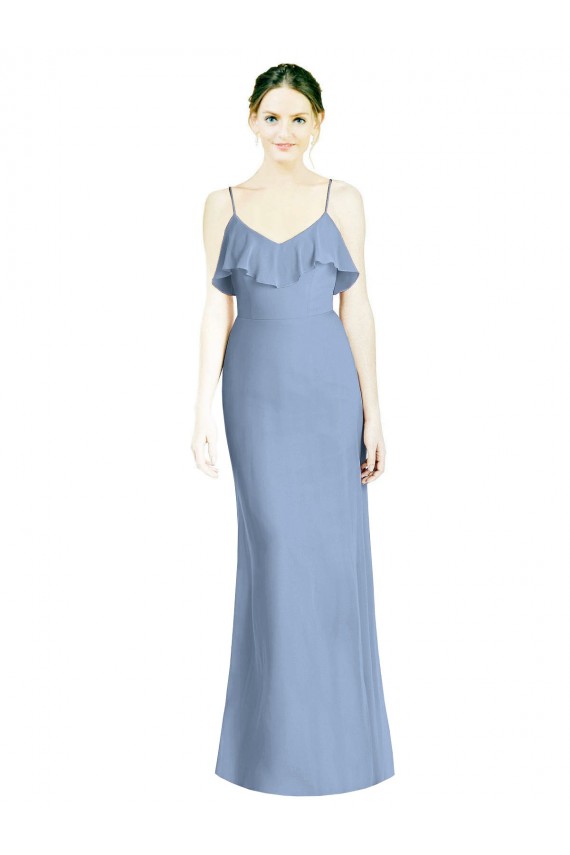 V-Neck Long Soft Chiffon Dusty Blue Sleeveless Bridesmaid Dresses Darwin