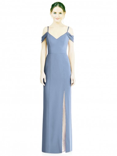 Jewel Long Soft Chiffon Dusty Blue Cold Shoulder Formal Evening Gown / Bridesmaid Dress Darwin
