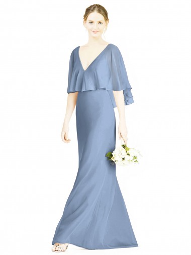 V-Neck Long Soft Chiffon Dusty Blue Trumpet Sleeveless Bridesmaid Dress Darwin