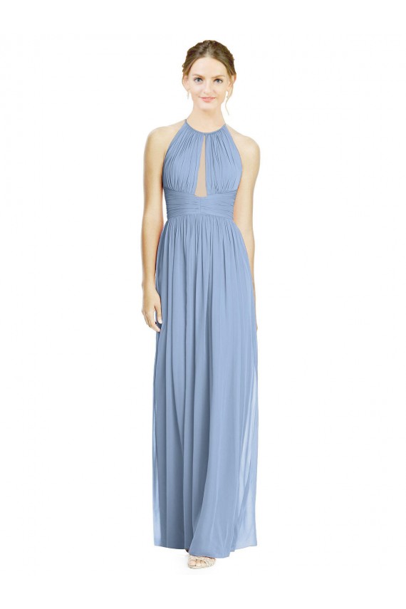 Halter Neck Long Chiffon Dusty Blue Sleeveless Wedding Party Dress Darwin