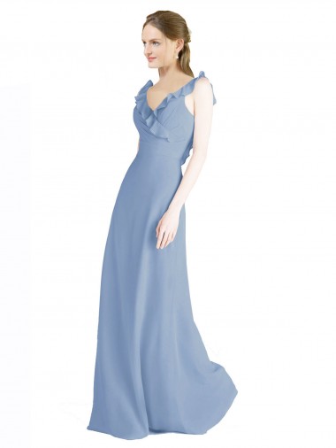 V-Neck Long Floor Length Chiffon Dusty Blue Sleeveless Bridesmaid Dress Darwin