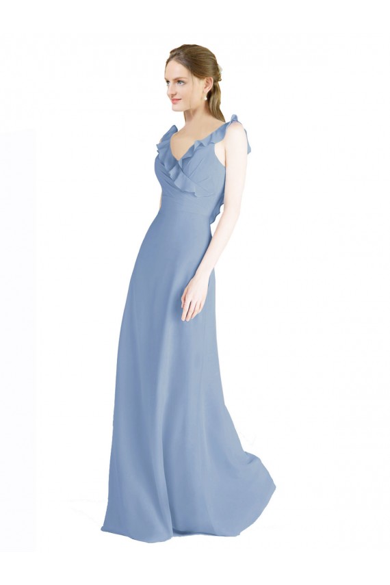 V-Neck Long Floor Length Chiffon Dusty Blue Sleeveless Bridesmaid Dress Darwin