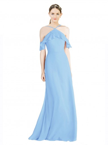 Halter Neck Long Soft Chiffon Periwinkle Cold Shoulder Formal Dress / Bridesmaid Dress Darwin