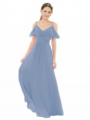 V-Neck Long Lxue Chiffon Dusty Blue Cap Sleeves Bridesmaid Dress Darwin