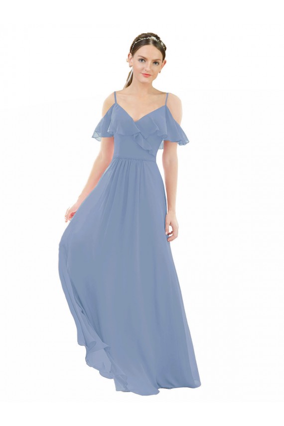 V-Neck Long Lxue Chiffon Dusty Blue Cap Sleeves Bridesmaid Dress Darwin