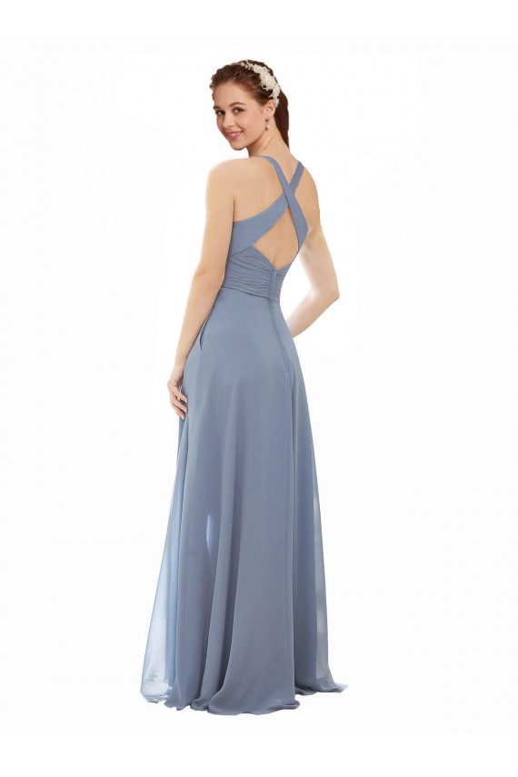 High Neck Long Soft Chiffon Dusty Blue Sleeveless Evening Dress / Bridal Party Dress Darwin