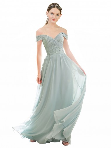 Off the Shoulder Long Soft Chiffon & Lace Sea Glass Cap Sleeves Bridesmaid Dress Darwin