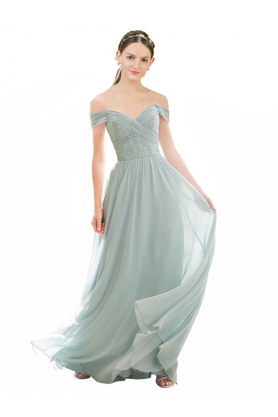 Off the Shoulder Long Soft Chiffon & Lace Sea Glass Cap Sleeves Bridesmaid Dress Darwin