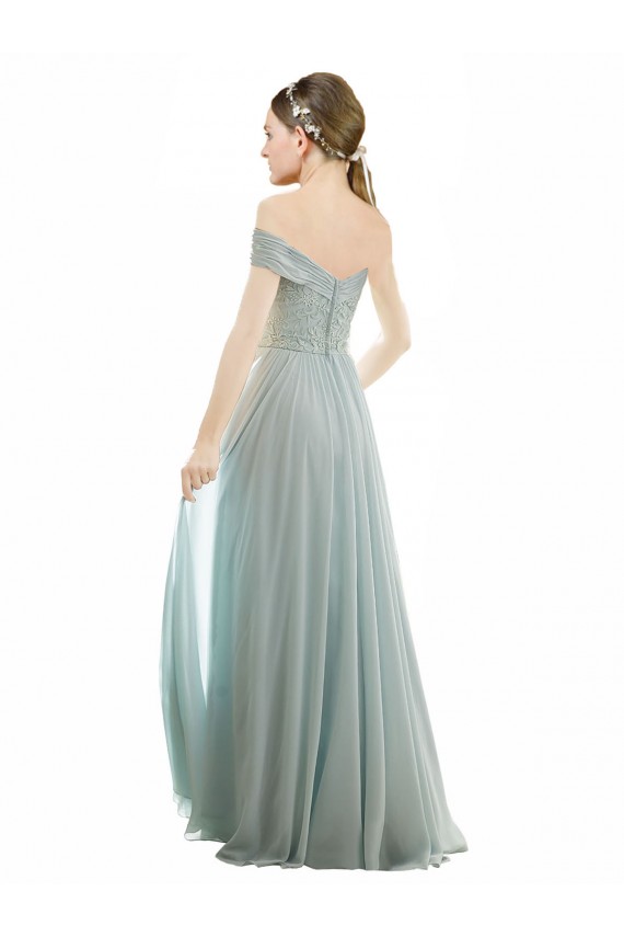 Off the Shoulder Long Soft Chiffon & Lace Sea Glass Cap Sleeves Bridesmaid Dress Darwin