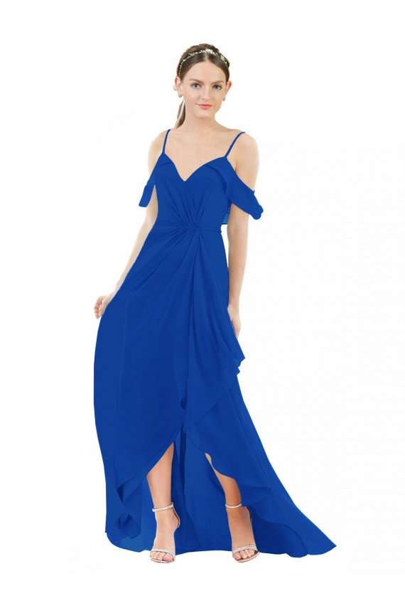 V-Neck Long Soft Chiffon Royal Blue Cold Shoulder High Low Bridesmaid Dress Darwin