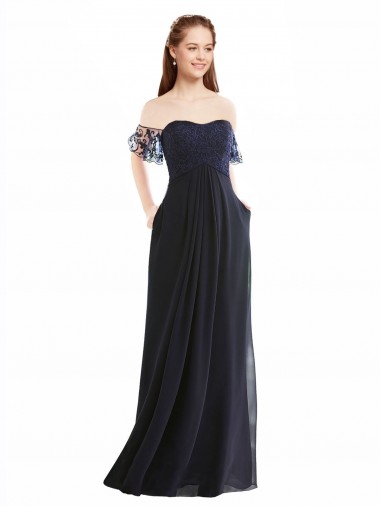 V-Neck Long Soft Chiffon & Lace Dark Navy Cap Sleeves Formal Dress / Bridesmaid Dress Darwin