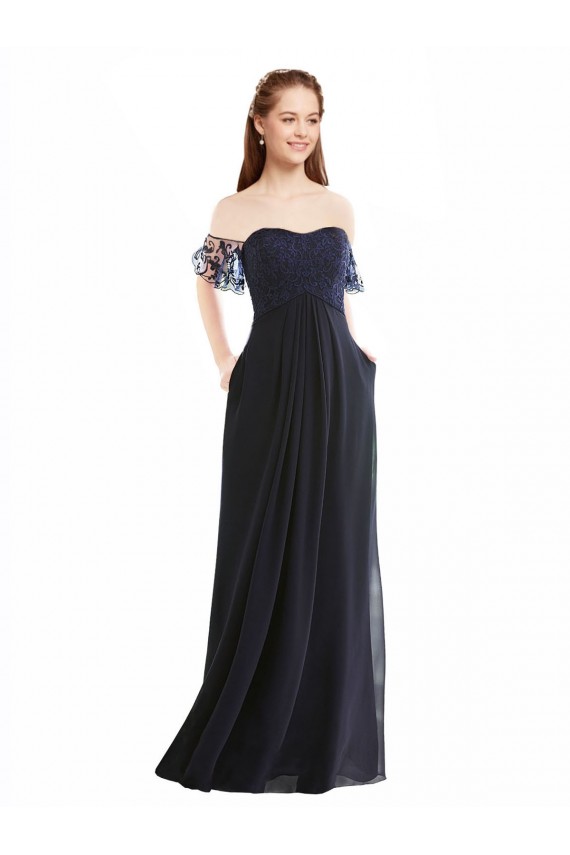V-Neck Long Soft Chiffon & Lace Dark Navy Cap Sleeves Formal Dress / Bridesmaid Dress Darwin