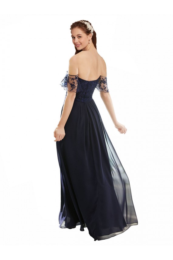 V-Neck Long Soft Chiffon & Lace Dark Navy Cap Sleeves Formal Dress / Bridesmaid Dress Darwin