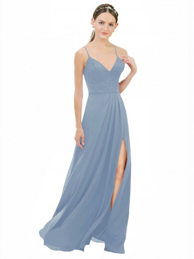 V-Neck Long Soft Chiffon & Lace Dusty Blue Sleeveless Bridesmaid Dress Darwin