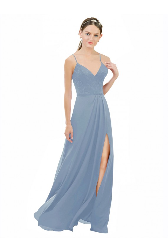 V-Neck Long Soft Chiffon & Lace Dusty Blue Sleeveless Bridesmaid Dress Darwin