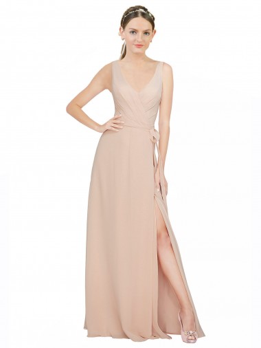 V-Neck Long Luxe Chiffon Pink Sleeveless Bridesmaid Dress / Evening Dress Darwin