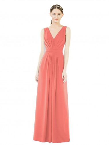 V-Neck Long Soft Chiffon Coral A-Line Sleeveless Bridesmaid Dress Darwin